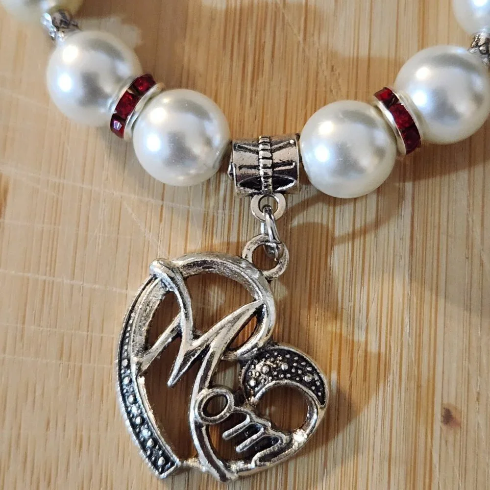 Hand Crafted Purse/Bag Charm Faux Pearls Crystals with Mom Pendant 8 1/4 inches